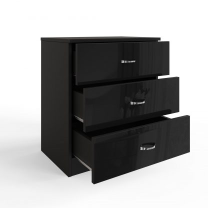 Chilton black gloss 3 drawer chest ang open