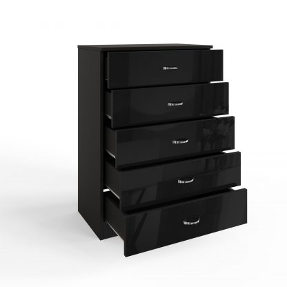Chilton black gloss 5 drawer chest ang open