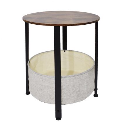 Industrial Round Side Table With Cream Storage Basket