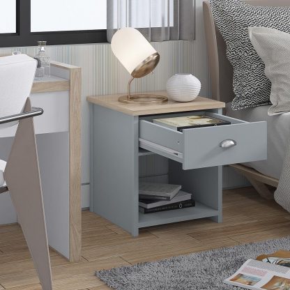 Matt Grey Bedside Lamp Table One Drawer Shelf Oak Effect Top - Image 4