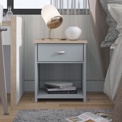 Matt Grey Bedside Lamp Table One Drawer Shelf Oak Effect Top - Image 2