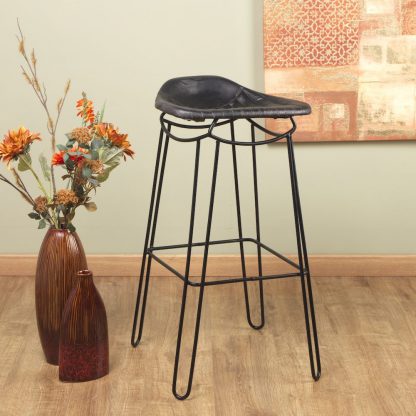 Artisanal Genuine Black Leather Barstool