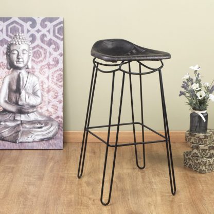 Artisanal Genuine Black Leather Barstool - Image 2