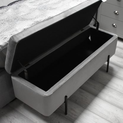 Grey Velvet Ottoman Storage Bench With Black Metal Legs - Image 3