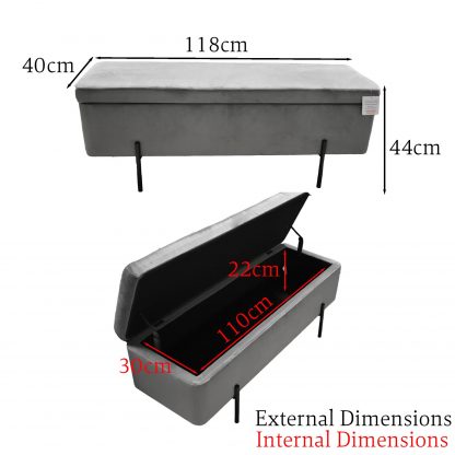 Grey Velvet Ottoman Storage Bench With Black Metal Legs - Image 10