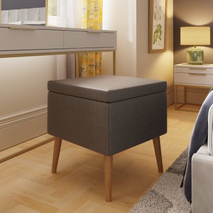 Grey Linen Ottoman Footstool Storage Seat With Solid Wooden Legs