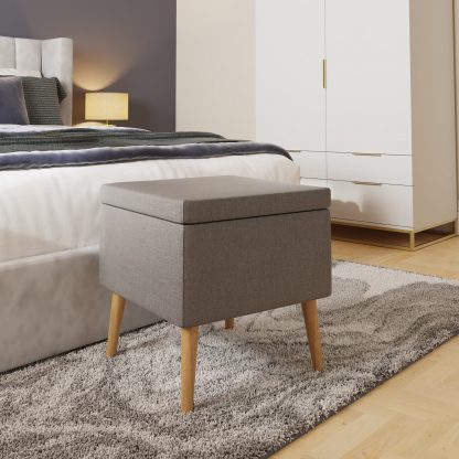 Grey Linen Ottoman Footstool Storage Seat With Solid Wooden Legs - Image 3