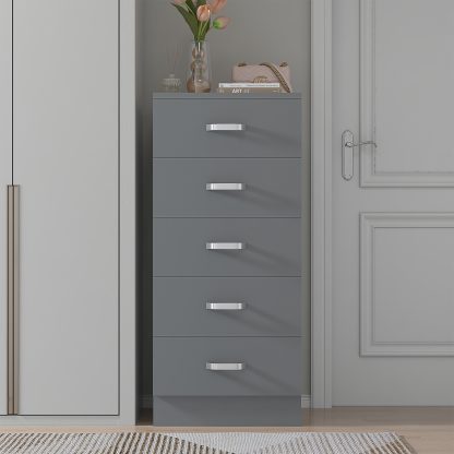 Tunis 5 Drawer Tall Slim Chest Of Drawers - Matt Grey - Image 2