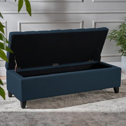 Dark Blue Fabric Buttoned Ottoman Storage Bench - Image 4