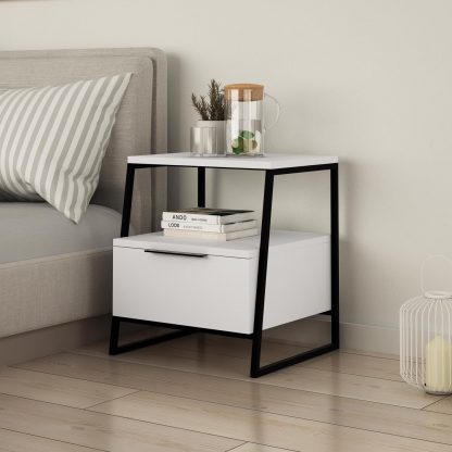 Decortie Pal Modern Bedside Table With Drawer White 45cm Wide