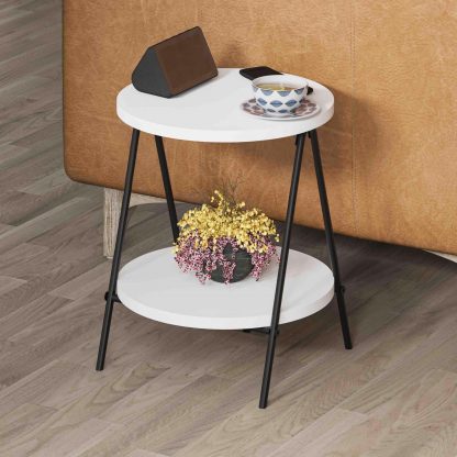 Decortie Modern Essel Industrial Style Round Side Table White with Black Metal Legs