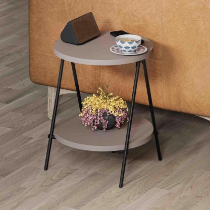 Decortie Modern Essel Industrial Style Round Side Table Mocha Grey with Black Metal Leg