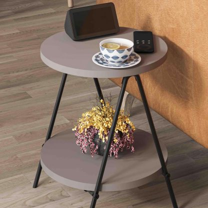 Decortie Modern Essel Industrial Style Round Side Table Mocha Grey with Black Metal Leg - Image 4