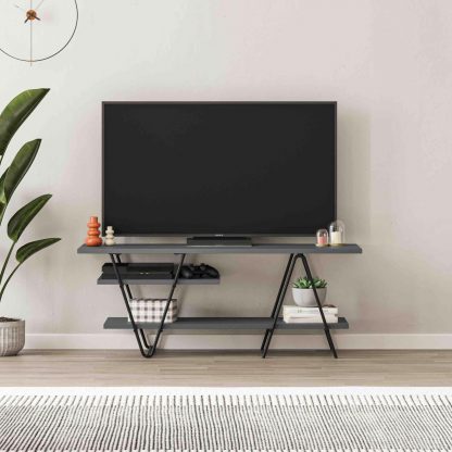 Decortie Modern Essel TV Stand Multimedia Centre Anthracite Grey With Hairpin Metal Legs - For 48 Inch TVs