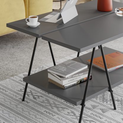 Essel Centre Coffee Table Anthracite Grey Metal Trestle Legs 80cm - Image 4