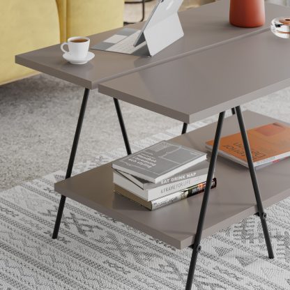 Essel Centre Coffee Table Mocha Grey Metal Trestle Legs 80cm - Image 4