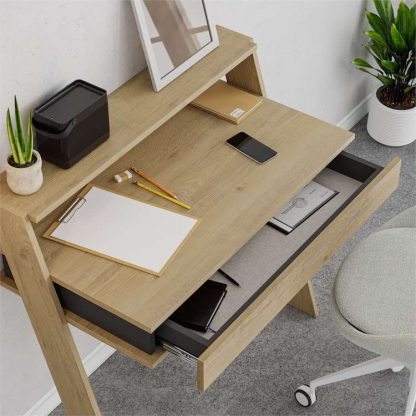 Decortie Cowork Modern Desk Oak Anthracite Grey Wall Mounted With Drawer 94cm Wide - Image 5